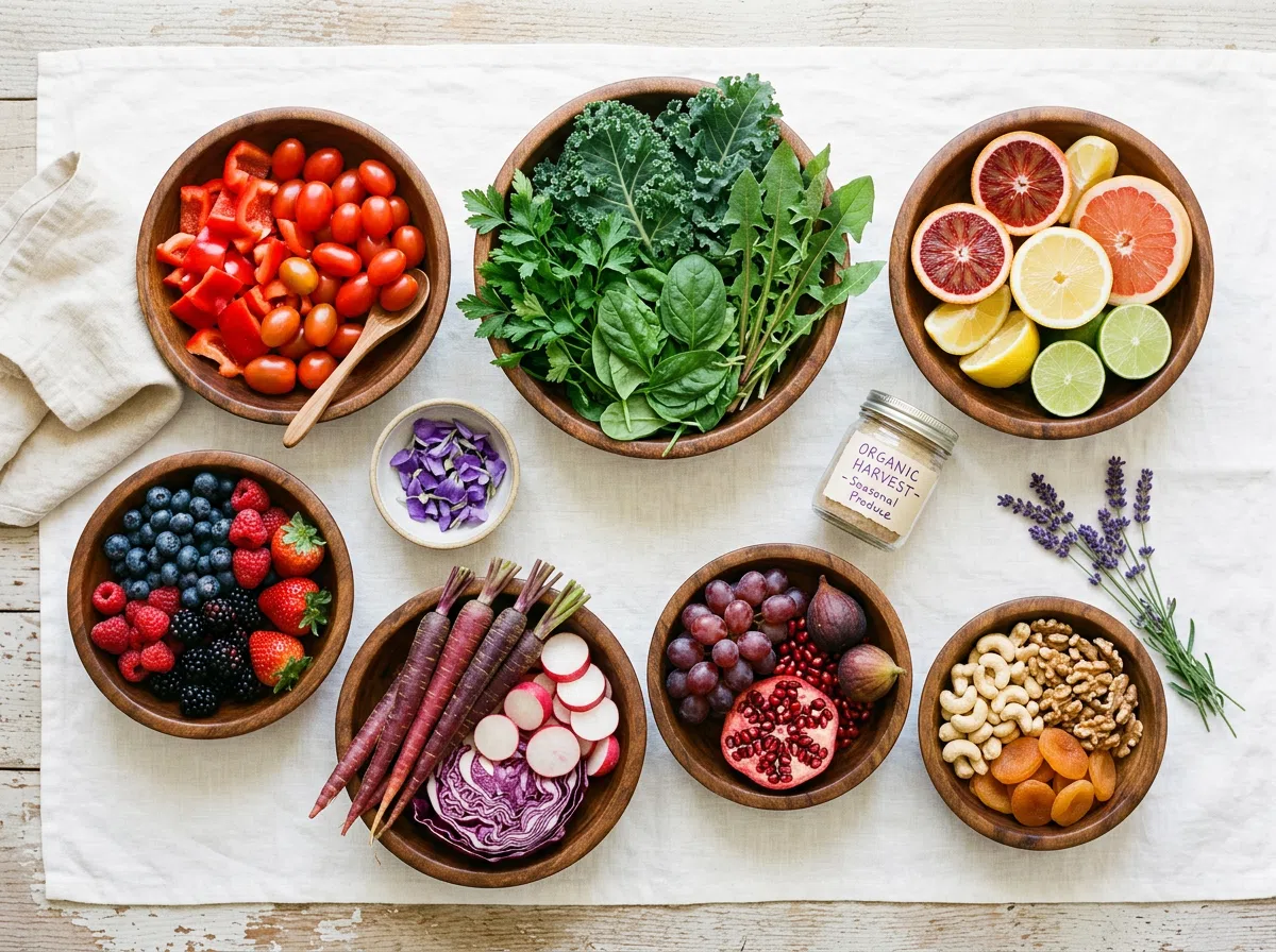 Verse groenten en fruit in houten schalen &mdash; kleurrijke voeding voor actieve levensstijl